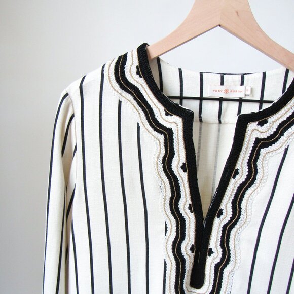 TORY BURCH ‘Filipa’ Black & White Striped Kaftan Linen Tunic Top/12 ~MSRP $348~ - Picture 8 of 17